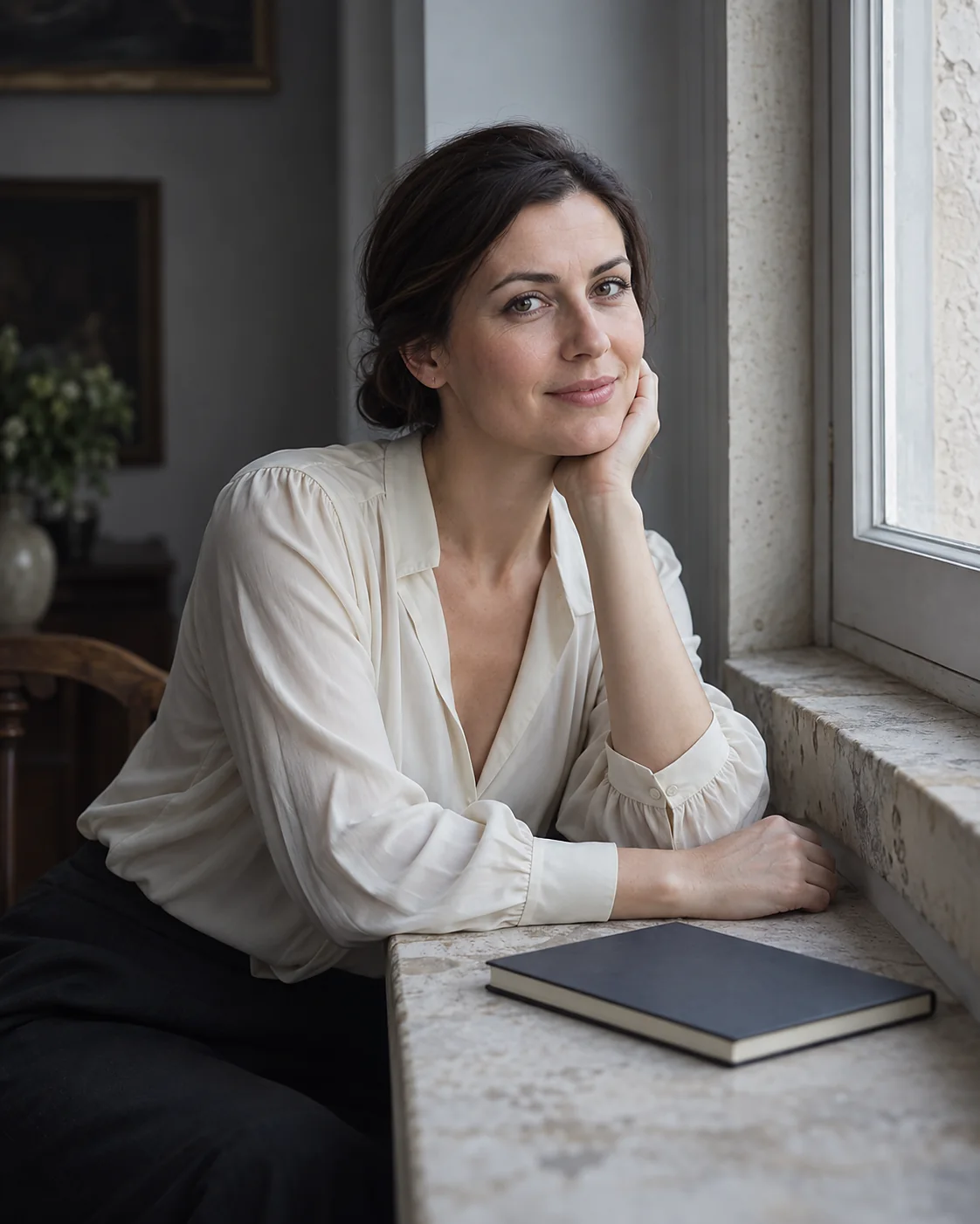 Nóra Palotás portréja a párkánynál