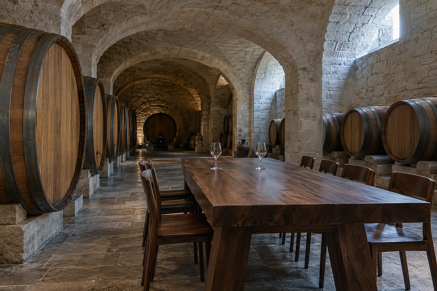 Tokaji pince kóstolóterme, üres asztallal