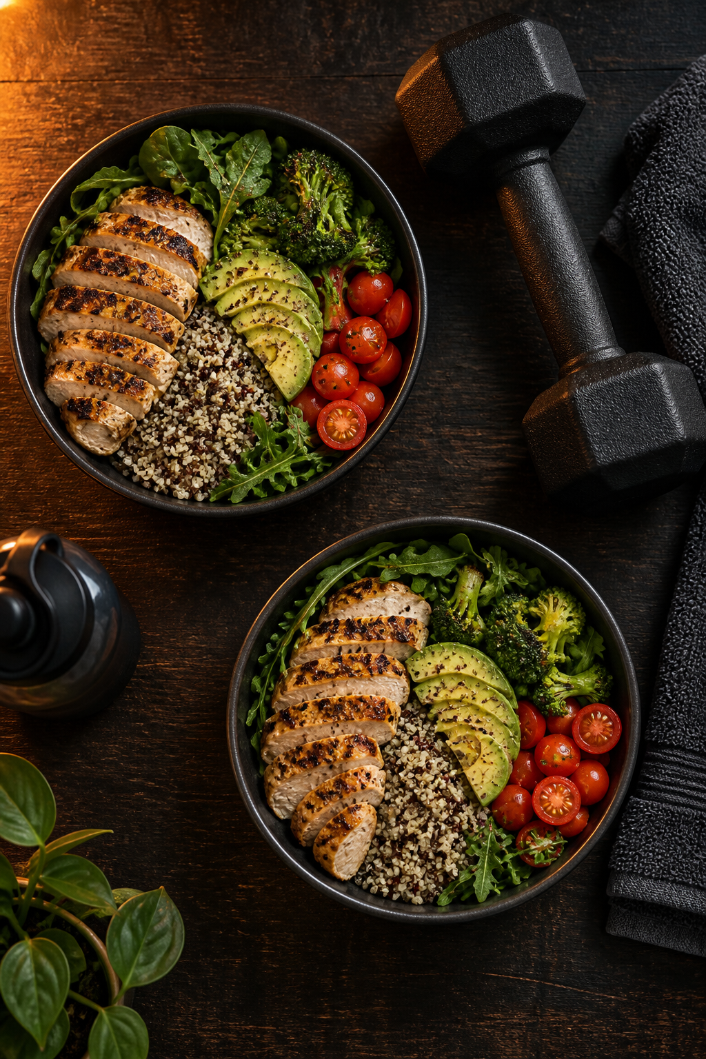 Egészséges meal prep tálak kézisúlyzóval