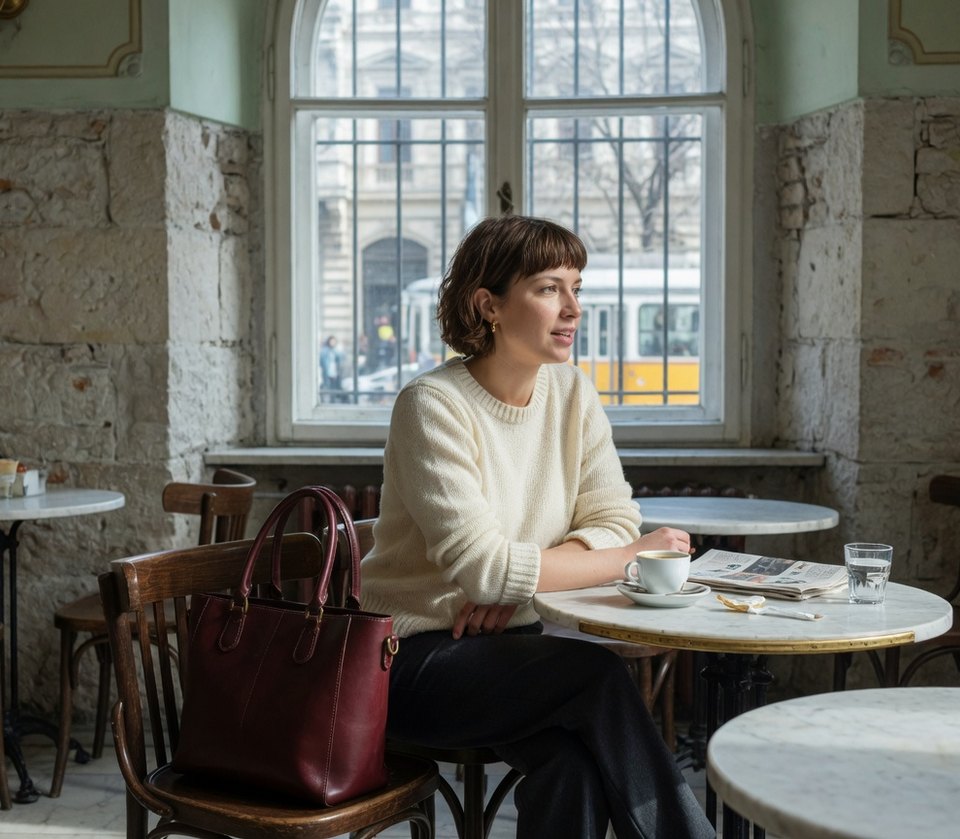 Réka a kávézóban a tote-tal