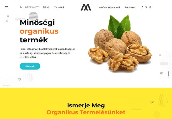 Organikus mezőgazdasági termékeket bemutató weboldal – a sablon nyitóoldala