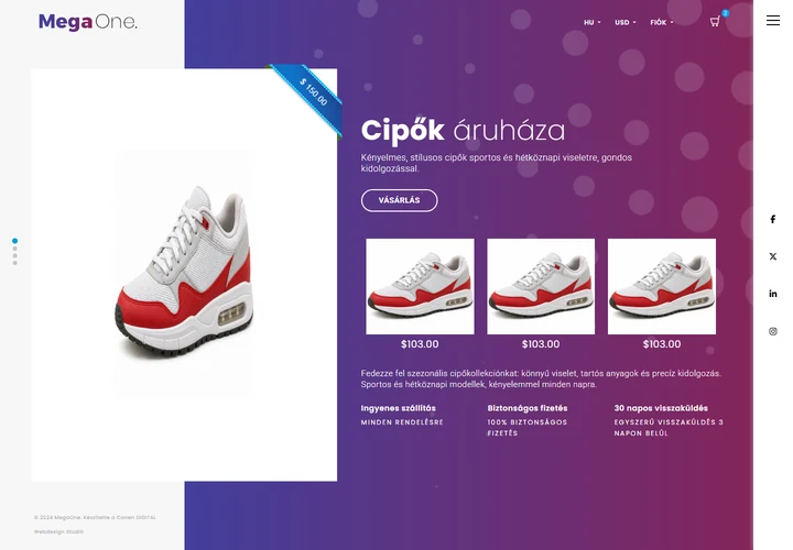 Modern cipő és divat webáruház – a sablon nyitóoldala