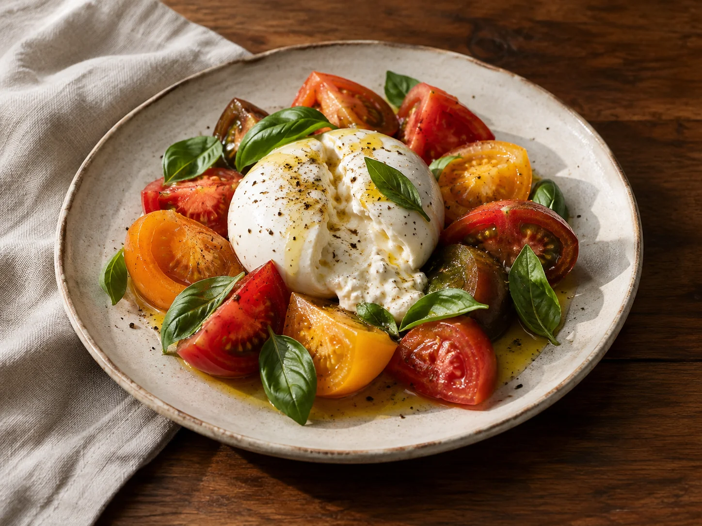 Burrata érett paradicsommal és friss bazsalikommal