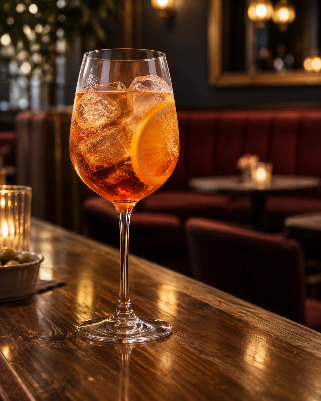 Borostyánszínű narancsos aperitif spritz jéggel