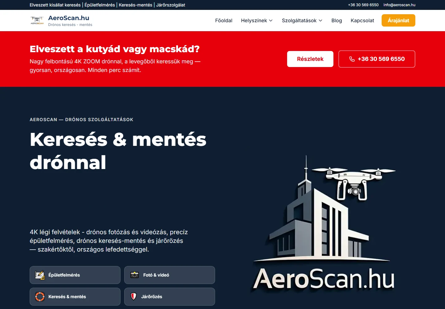 Aeroscan szolgáltatási weboldal — példa többféle ügyféligény áttekinthető bemutatására