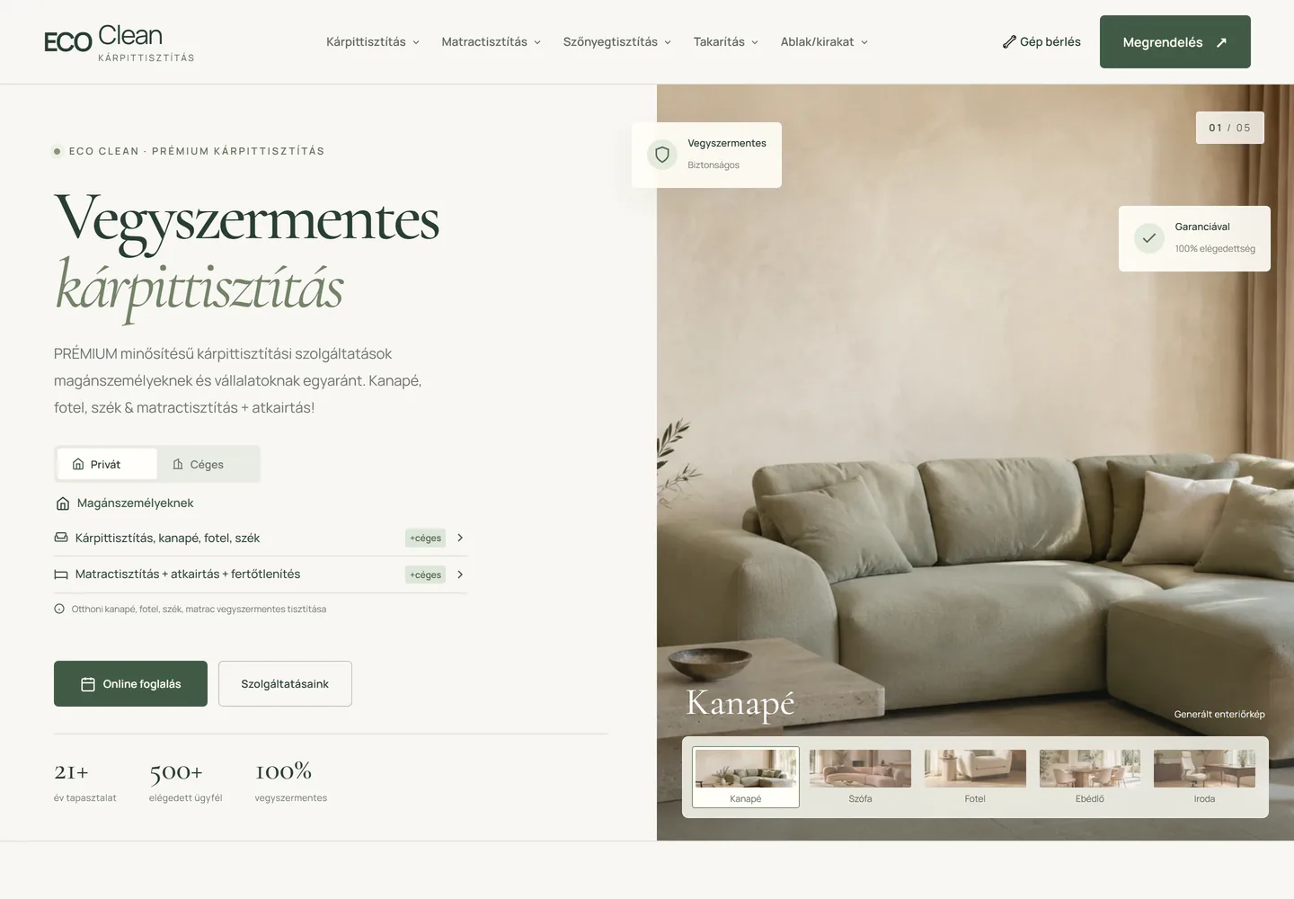 Az ECO Clean kárpittisztítás nyitóoldalának képernyőképe