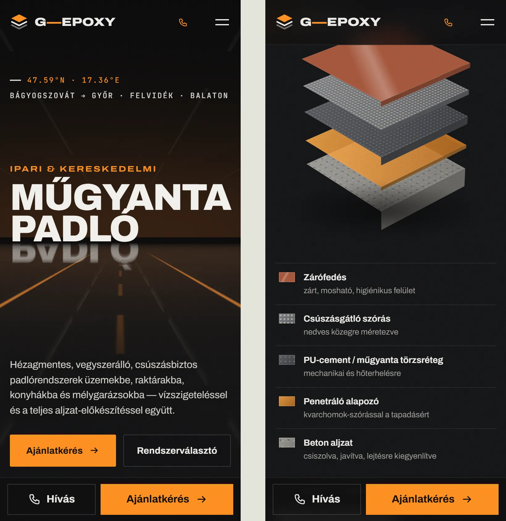 A G-Epoxy oldala telefonon: balra a nyitókép a fényes gyantán, jobbra a rendszerválasztó rétegrendje; mindkettő alján Hívás és Ajánlatkérés gomb