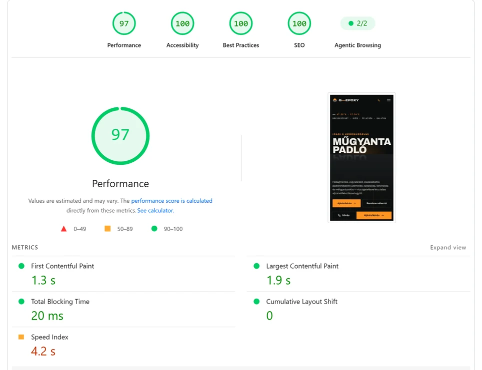 Google PageSpeed Insights mobilmérés a gepoxy.hu-n: Performance 97, Accessibility 100, Best Practices 100, SEO 100; első tartalom 1,3 s, fő tartalom 1,9 s, akadás 20 ms