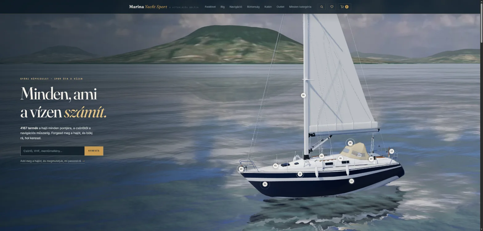 Az új Marina Yacht Sport webáruház nyitóoldala: egy 3D vitorlás a Balaton valós domborzata előtt, mellette kereső
