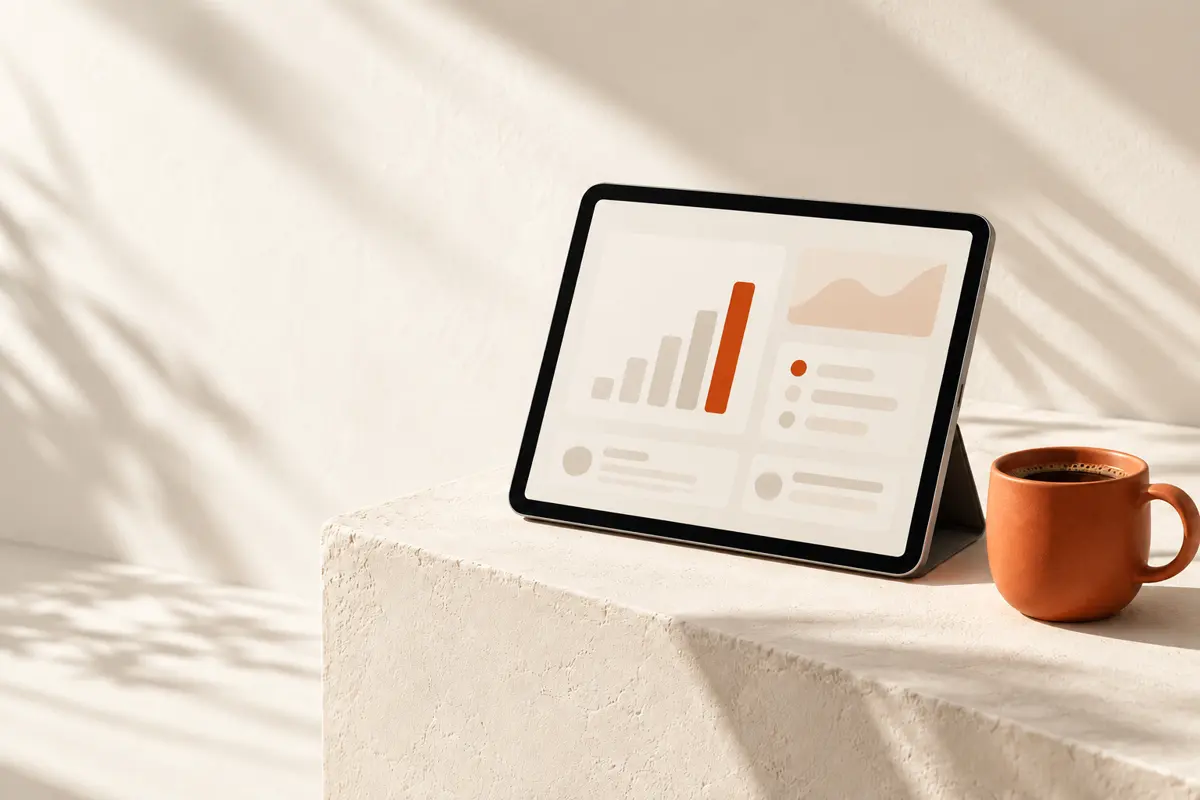 Tablet egy talapzaton grafikonokkal, mellette kávéscsésze