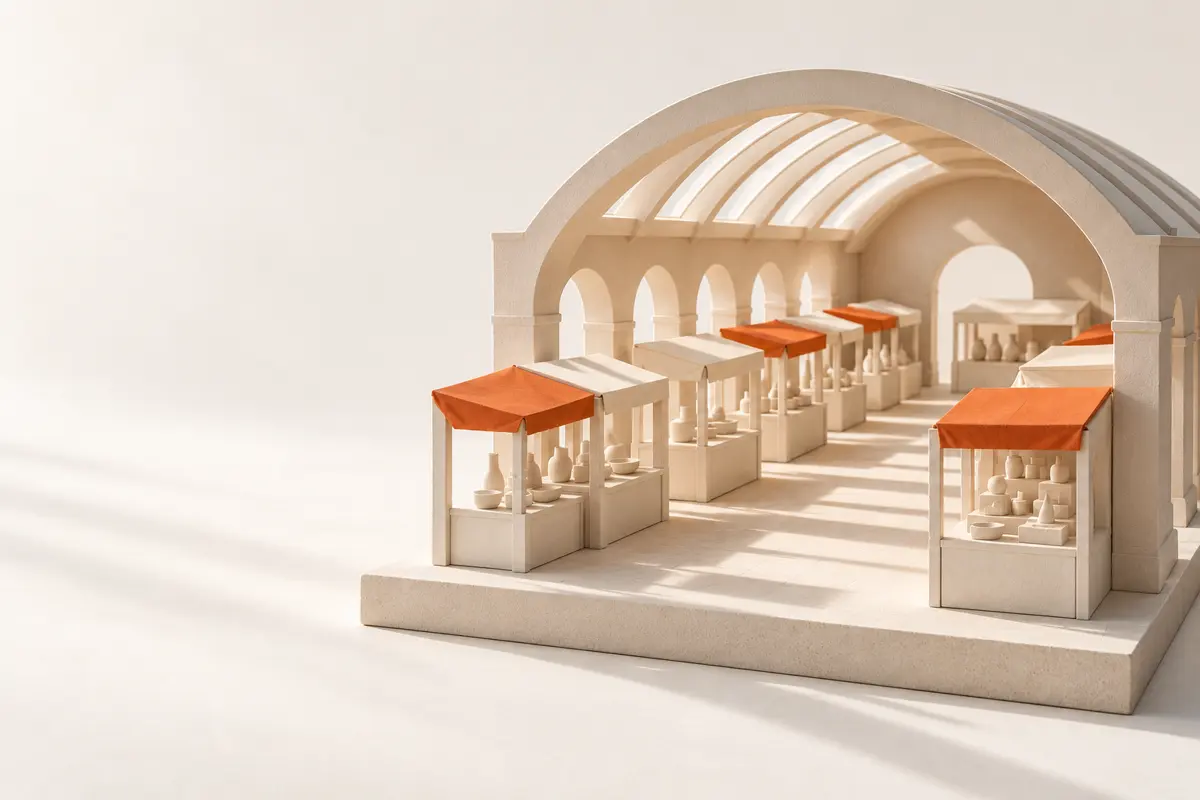 Miniatűr piaccsarnok narancs ponyvás standokkal