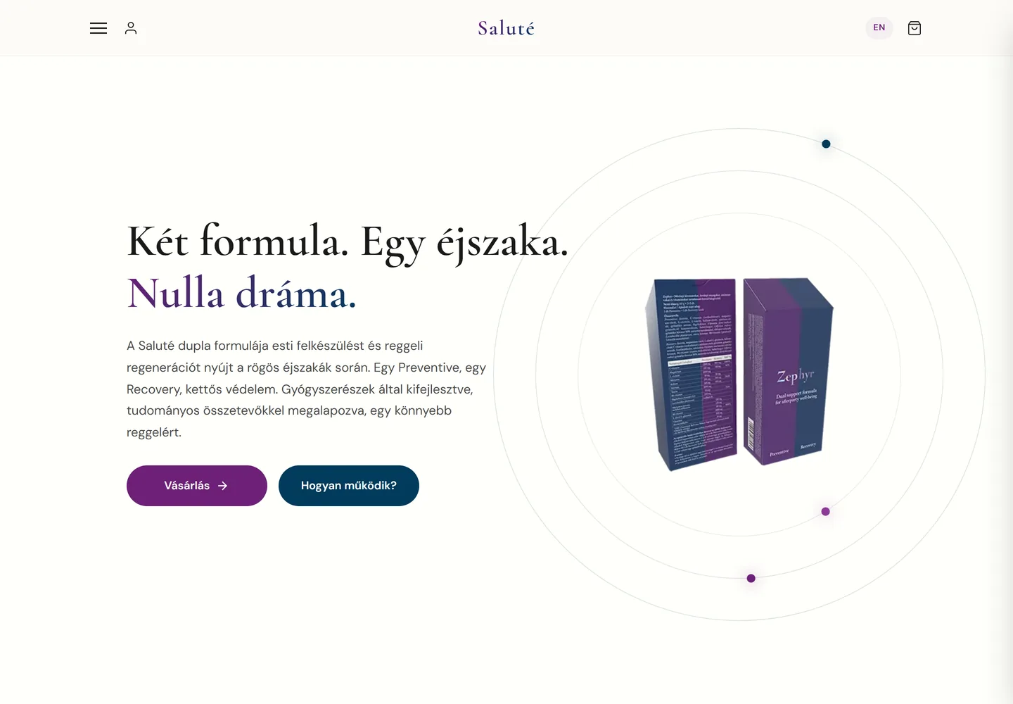 A Saluté márkaoldal és webáruház nyitóoldala