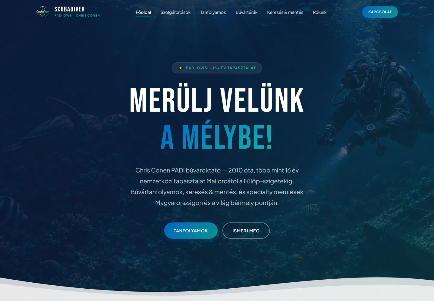 A ScubaDiver búvároktatás nyitóoldalának képernyőképe