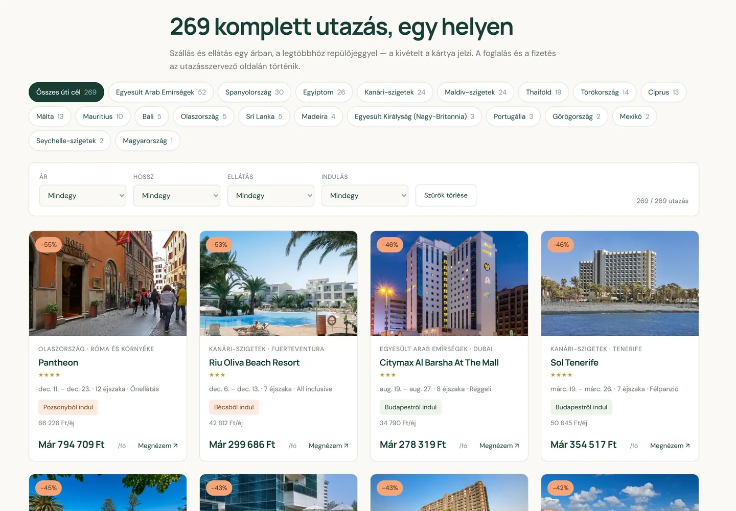 A TripGoes utazáslistája: 269 komplett utazás, úti cél szerinti szűrőkkel, valamint ár, hossz, ellátás és indulás szűrővel, alattuk utazáskártyák fotóval és árral
