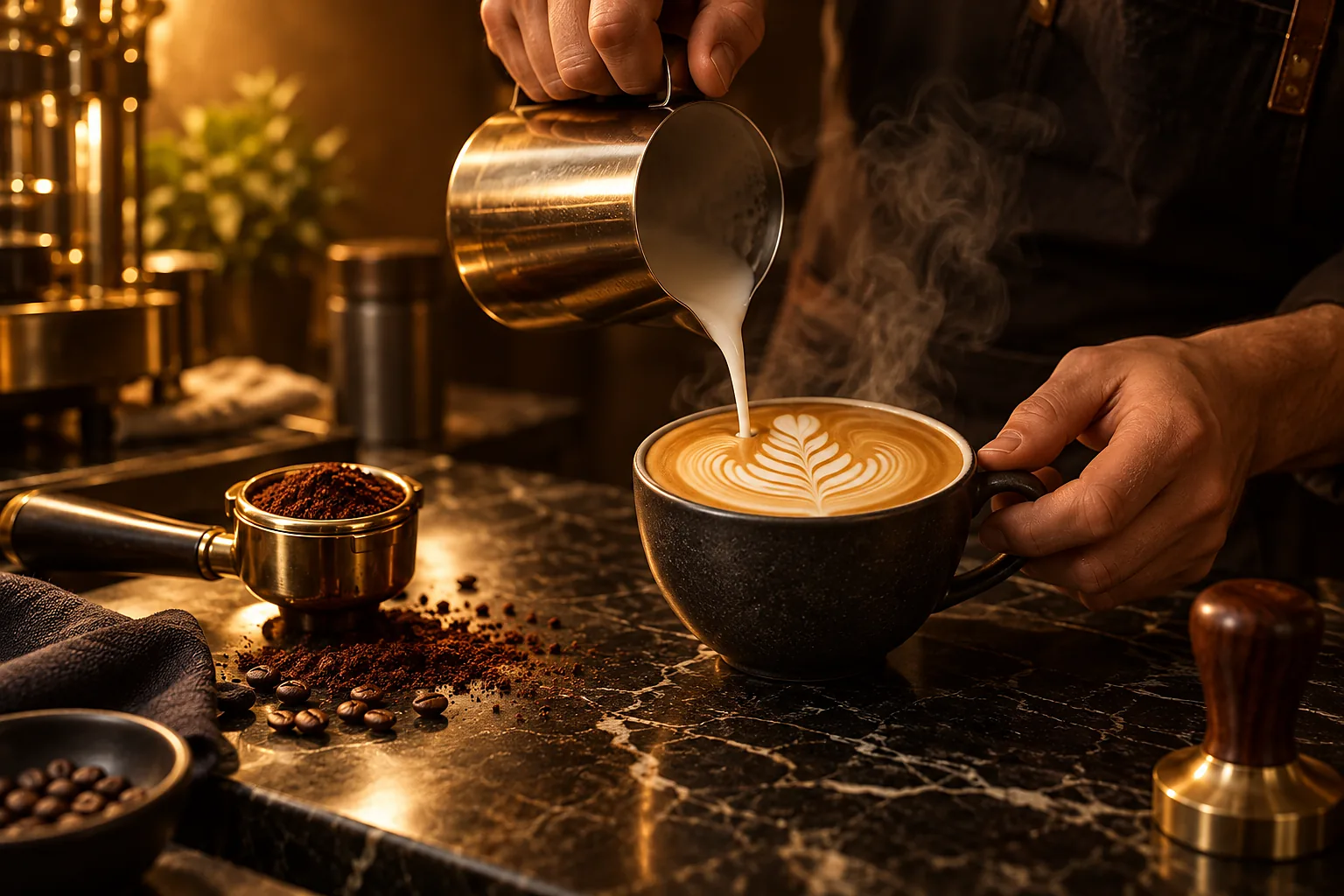 Barista latte artot önt a csészébe
