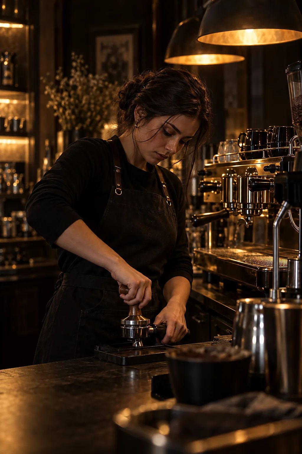 Barista tamperel az eszpresszó gépen