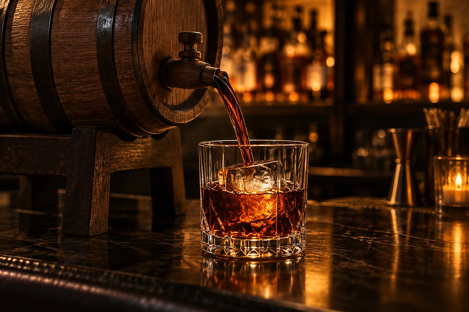 Hordóban érlelt cold brew kifolyatása kristálypohárba