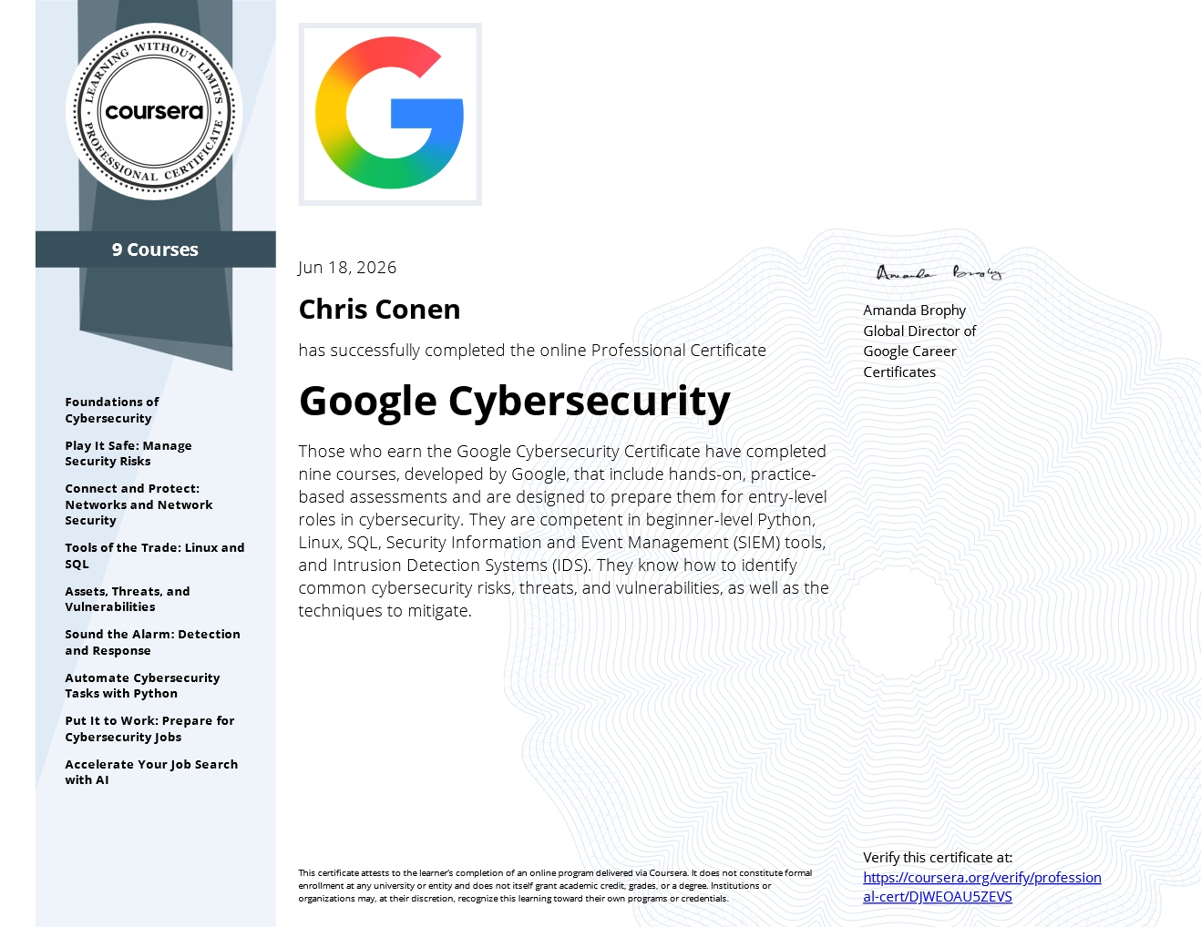 Google Cyber Security szakember tanúsítvány