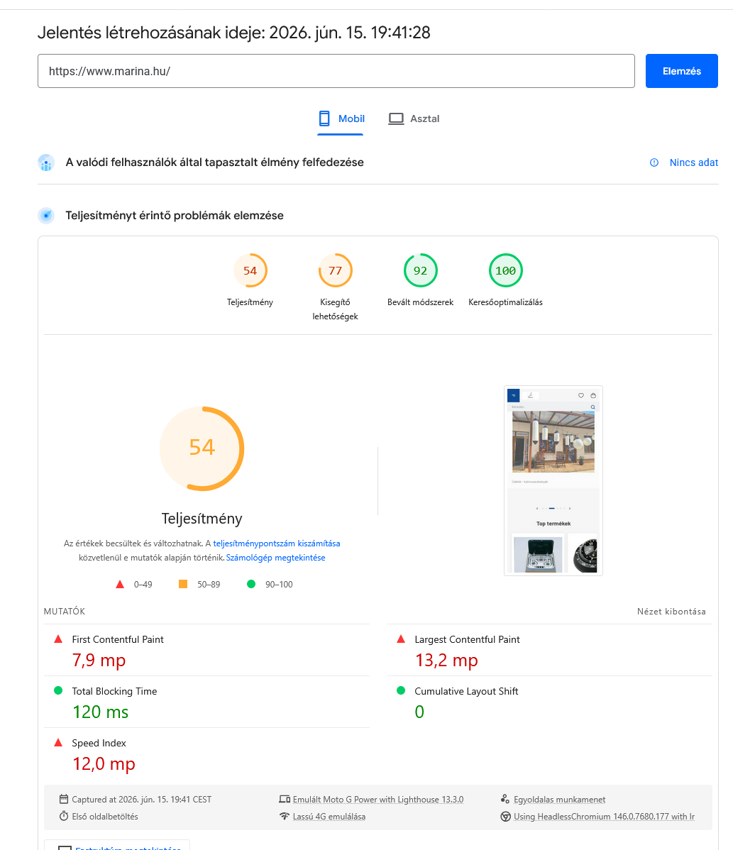 marina.hu PageSpeed mobil eredmény az átépítés ELŐTT: 54 teljesítmény, LCP 13,2 mp