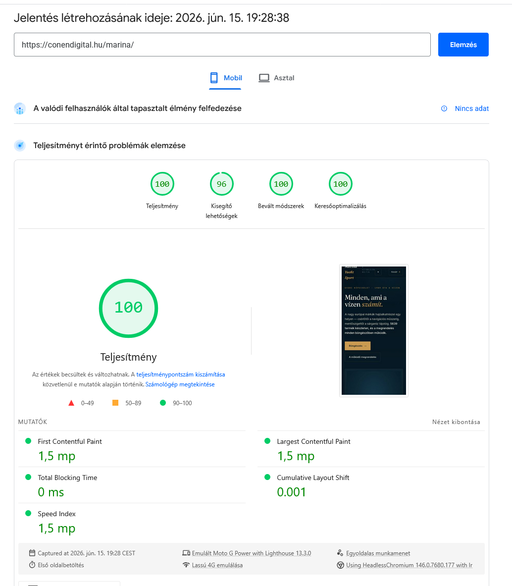 marina.hu új webáruház PageSpeed mobil eredmény az átépítés UTÁN: 100 teljesítmény, LCP 1,5 mp
