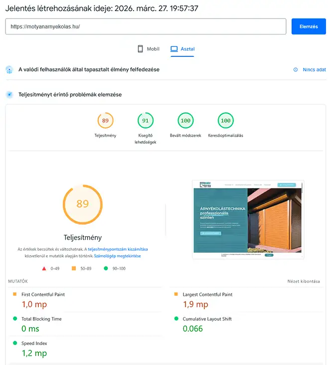 PageSpeed eredmény a modernizáció előtt asztali nézetben