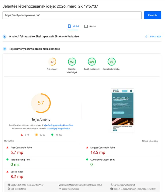 PageSpeed modernizálás előtt mobilon